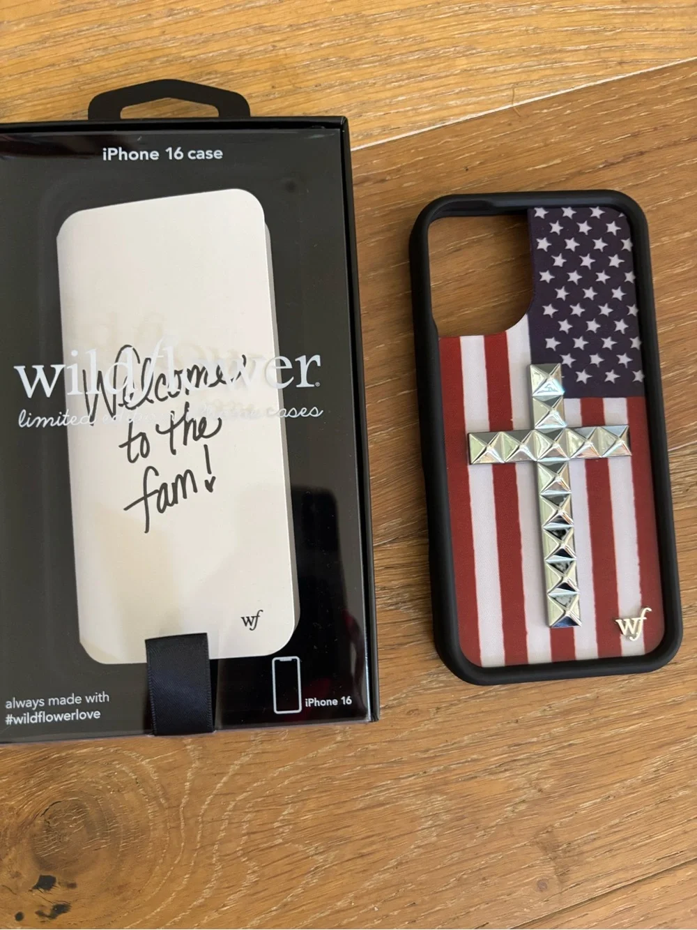 Wildflower iPhone 16 Case - American Flag with Studded Cross (Red, White, Blue)